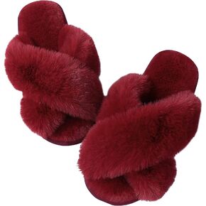 Ankis Womens Fuzzy Memory Foam Slippers Cross Band Cozy Plush Home Slippers Fluffy Furry Open Toe House Shoes Indoor Outdoor Slide Slipper