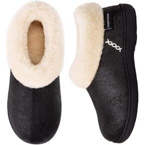 EverFoams Women's Micro Suede Cozy Memory Foam Winter Slippers with Fuzzy Faux Fur Collar and Indoor Outdoor Rubber Sole