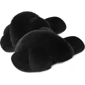 Womens Cross Band Slippers Cozy Furry Fuzzy House Slippers Open Toe Fluffy Indoor Shoes Outdoor Slip on Warm Breathable Anti-skid Sole