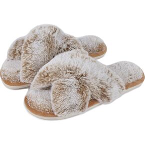 Womens Cross Band Slippers Cozy Furry Fuzzy House Slippers Open Toe Fluffy Indoor Shoes Outdoor Slip on Warm Breathable Anti-skid Sole