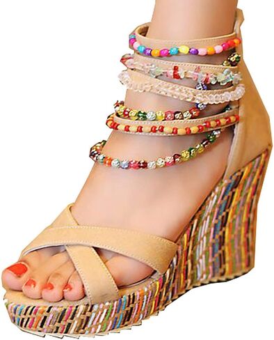 getmorebeauty Women's Wedge Sandals With Pearls Across The Top Platform Sandals High Heels in Saudi Arabia