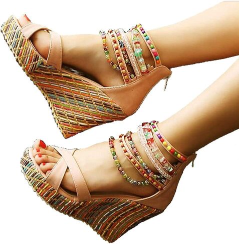getmorebeauty Women's Wedge Sandals With Pearls Across The Top Platform Sandals High Heels in Saudi Arabia