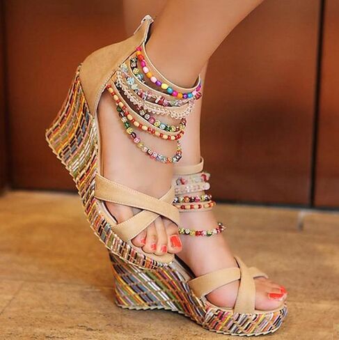 getmorebeauty Women's Wedge Sandals With Pearls Across The Top Platform Sandals High Heels in Saudi Arabia