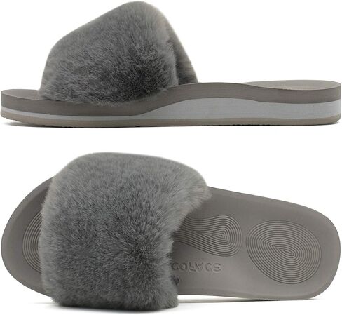 COFACE Womens Slides Fuzzy Slippers Open Toe Fluffy Slippers With Arch Support Plantar Fasciitis Orthotic Slippers Women House Shoes in Saudi Arabia