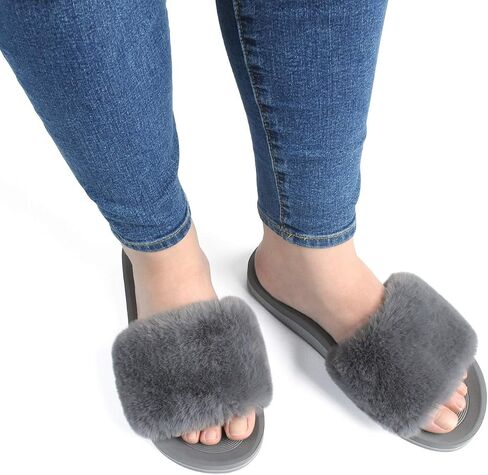 COFACE Womens Slides Fuzzy Slippers Open Toe Fluffy Slippers With Arch Support Plantar Fasciitis Orthotic Slippers Women House Shoes in Saudi Arabia