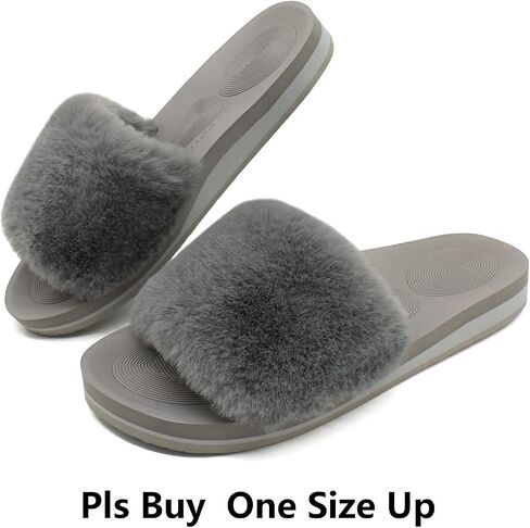COFACE Womens Slides Fuzzy Slippers Open Toe Fluffy Slippers With Arch Support Plantar Fasciitis Orthotic Slippers Women House Shoes in Saudi Arabia