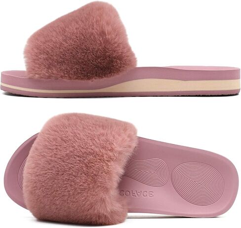 COFACE Womens Slides Fuzzy Slippers Open Toe Fluffy Slippers With Arch Support Plantar Fasciitis Orthotic Slippers Women House Shoes in Saudi Arabia