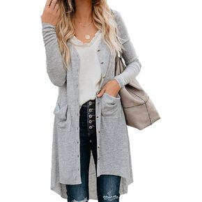 Naggoo Women's Long Cardigans Button Down High Low Solid Knit Loose Cardigans with Pockets
