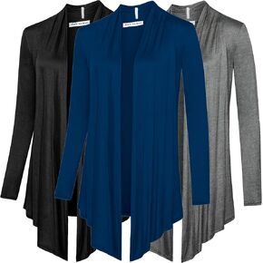 Free to Live 3 Pack Women's Long Sleeve Cardigans - Open Front Drape Lightweight Knit Sweater