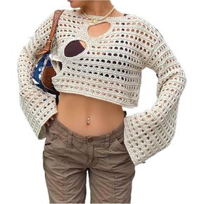 Women Hollow Out Crochet Knit Crop Tops Color Block Long Sleeve Square Neck Fall Sweaters Tops