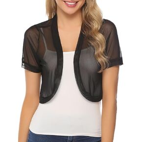 Aiboria Women Shrugs Open Front Mesh Cropped Bolero Short Sleeve Sheer Cardigan