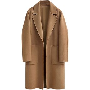 Omoone Women's Notched Lapel Wool Coats Mid Long Button Pea Coats Warm Thicken Trench Jacket