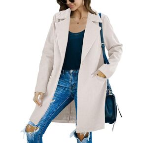 Fazortev Womens Casual Long Sleeve Wool Blend Pea Coat Lapel Notched Collar Warm Midi Jacket Overcoat