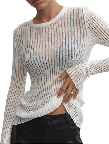 KAMISSY Women See Through Crew Neck Sheer Mesh Knitted Sweater Solid Basic Long Sleeve Loose Fit Knit Pullover Jumper Top in Saudi Arabia