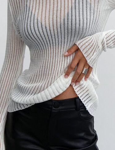 KAMISSY Women See Through Crew Neck Sheer Mesh Knitted Sweater Solid Basic Long Sleeve Loose Fit Knit Pullover Jumper Top in Saudi Arabia