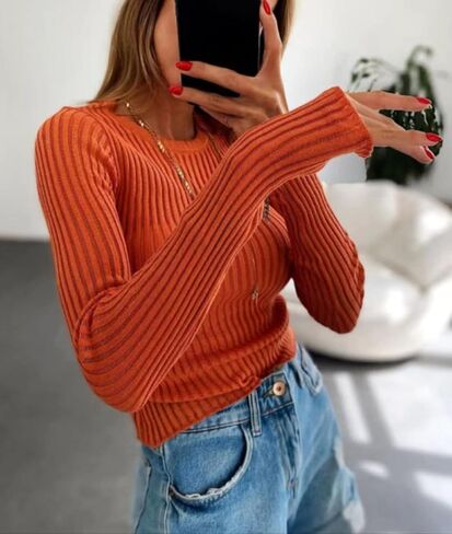 KAMISSY Women See Through Crew Neck Sheer Mesh Knitted Sweater Solid Basic Long Sleeve Loose Fit Knit Pullover Jumper Top in Saudi Arabia