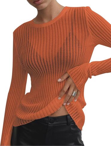 KAMISSY Women See Through Crew Neck Sheer Mesh Knitted Sweater Solid Basic Long Sleeve Loose Fit Knit Pullover Jumper Top in Saudi Arabia