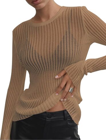 KAMISSY Women See Through Crew Neck Sheer Mesh Knitted Sweater Solid Basic Long Sleeve Loose Fit Knit Pullover Jumper Top in Saudi Arabia