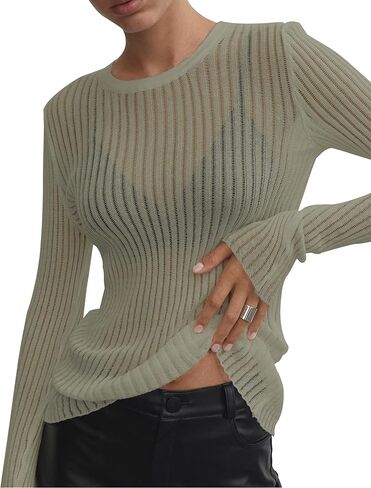KAMISSY Women See Through Crew Neck Sheer Mesh Knitted Sweater Solid Basic Long Sleeve Loose Fit Knit Pullover Jumper Top in Saudi Arabia