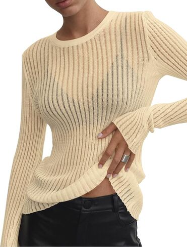 KAMISSY Women See Through Crew Neck Sheer Mesh Knitted Sweater Solid Basic Long Sleeve Loose Fit Knit Pullover Jumper Top in Saudi Arabia