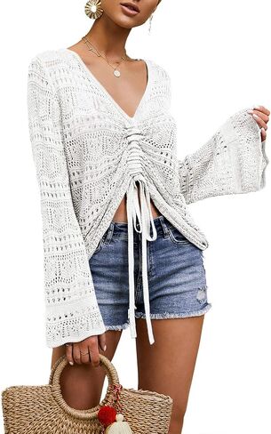 Saodimallsu Womens Boho Off Shoulder Sheer Crop Tops Bell Sleeve Flowy Oversized Crochet Ruched Pullover Sweaters in Saudi Arabia