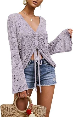 Saodimallsu Womens Boho Off Shoulder Sheer Crop Tops Bell Sleeve Flowy Oversized Crochet Ruched Pullover Sweaters in Saudi Arabia