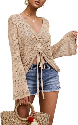 Saodimallsu Womens Boho Off Shoulder Sheer Crop Tops Bell Sleeve Flowy Oversized Crochet Ruched Pullover Sweaters in Saudi Arabia
