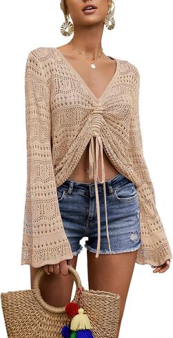 Saodimallsu Womens Boho Off Shoulder Sheer Crop Tops Bell Sleeve Flowy Oversized Crochet Ruched Pullover Sweaters in Saudi Arabia