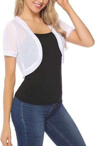 Aiboria Women Shrugs Open Front Mesh Cropped Bolero Short Sleeve Sheer Cardigan in Saudi Arabia