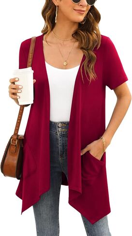 Veryoung Floral Short Sleeve Cardigans for Women Casual Drape Open Front Lightweight Summer Cardigan with Pocket High Low Hem in Saudi Arabia