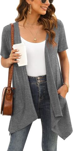 Veryoung Floral Short Sleeve Cardigans for Women Casual Drape Open Front Lightweight Summer Cardigan with Pocket High Low Hem in Saudi Arabia