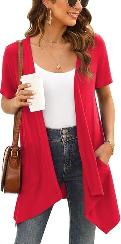 Veryoung Floral Short Sleeve Cardigans for Women Casual Drape Open Front Lightweight Summer Cardigan with Pocket High Low Hem in Saudi Arabia