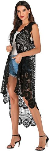 Lace Front Open Sleeveless Top Cardigan Crochet Vest Bikini Cover up Summer Beachwear in Saudi Arabia
