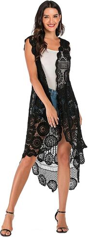 Lace Front Open Sleeveless Top Cardigan Crochet Vest Bikini Cover up Summer Beachwear in Saudi Arabia