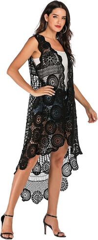 Lace Front Open Sleeveless Top Cardigan Crochet Vest Bikini Cover up Summer Beachwear in Saudi Arabia