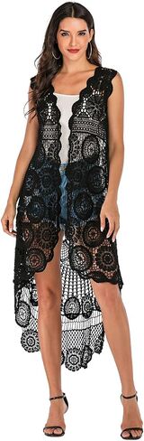 Lace Front Open Sleeveless Top Cardigan Crochet Vest Bikini Cover up Summer Beachwear in Saudi Arabia