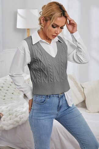 Aoysky Sweater Vest Women's V-Neck Sweater Tank Tops Pullover Cable Knit Vest Solid Color Sleeveless Loose Fit Sweater Top in Saudi Arabia