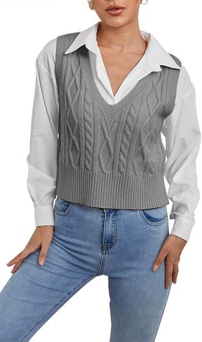 Aoysky Sweater Vest Women's V-Neck Sweater Tank Tops Pullover Cable Knit Vest Solid Color Sleeveless Loose Fit Sweater Top in Saudi Arabia