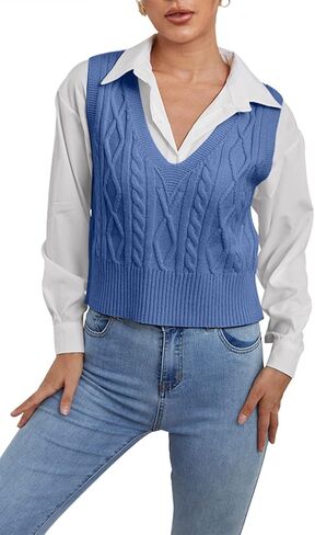 Aoysky Sweater Vest Women's V-Neck Sweater Tank Tops Pullover Cable Knit Vest Solid Color Sleeveless Loose Fit Sweater Top in Saudi Arabia