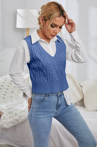 Aoysky Sweater Vest Women's V-Neck Sweater Tank Tops Pullover Cable Knit Vest Solid Color Sleeveless Loose Fit Sweater Top in Saudi Arabia