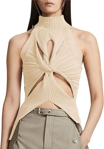 SAFRISIOR Women Sexy Hollow Out Twist Front Knitted Tank Tops Sleeveless High Neck Cut Out Sweater Vest in Kuwait