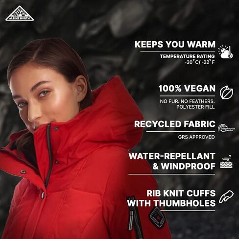 ALPINE NORTH Women’s Vegan Down Mid-Length Parka - Insulated, Water-Repellent Winter Coat with Hood, Jacket For Women in Kuwait