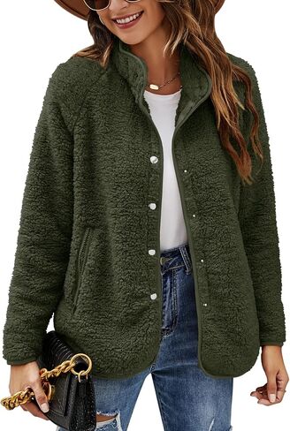 Micoson Women's Long Sleeve Cardigan Coat Lapel Button Down Warm Fuzzy Fleece Jacket Oversized Winter Outwear with Pockets in Saudi Arabia