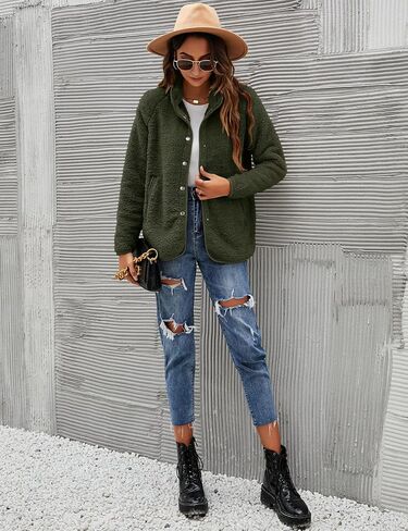 Micoson Women's Long Sleeve Cardigan Coat Lapel Button Down Warm Fuzzy Fleece Jacket Oversized Winter Outwear with Pockets in Saudi Arabia