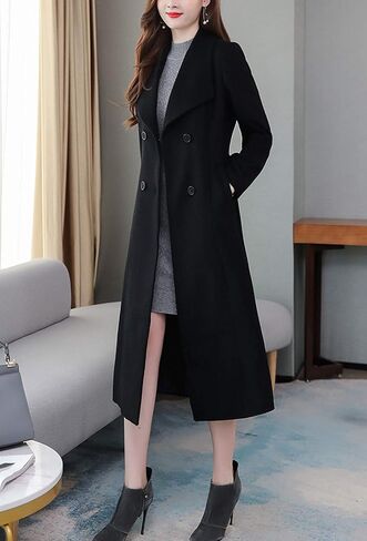 chouyatou Women's Chic Shawl Collar Work Double Breasted Maxi Long Wool Pea Coat in Saudi Arabia