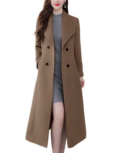 chouyatou Women's Chic Shawl Collar Work Double Breasted Maxi Long Wool Pea Coat in Saudi Arabia