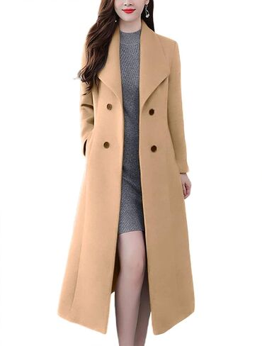 chouyatou Women's Chic Shawl Collar Work Double Breasted Maxi Long Wool Pea Coat in Saudi Arabia