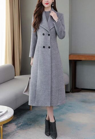 chouyatou Women's Chic Shawl Collar Work Double Breasted Maxi Long Wool Pea Coat in Saudi Arabia