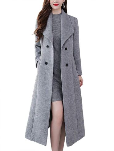 chouyatou Women's Chic Shawl Collar Work Double Breasted Maxi Long Wool Pea Coat in Saudi Arabia