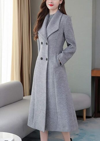chouyatou Women's Chic Shawl Collar Work Double Breasted Maxi Long Wool Pea Coat in Saudi Arabia